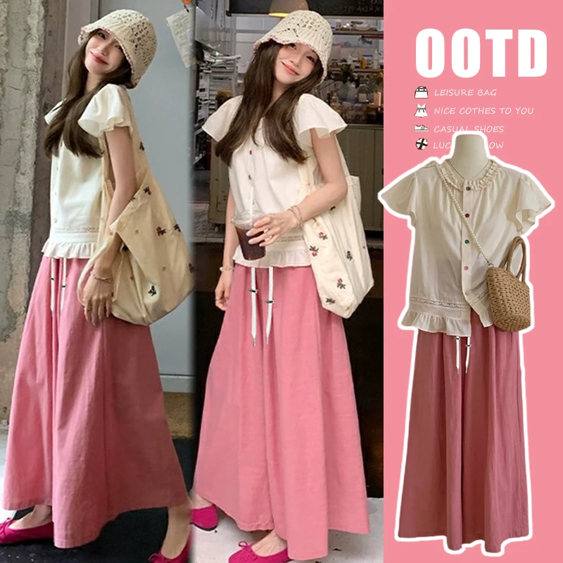 【昕昕家】孕妇彩色小飞袖花边可爱小衫+百搭遮肉遮阔腿九分休闲裤