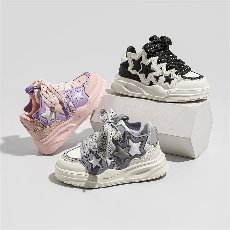 女童童鞋大童老爹鞋港风国潮百搭厚底星星小白鞋复古运动休闲鞋