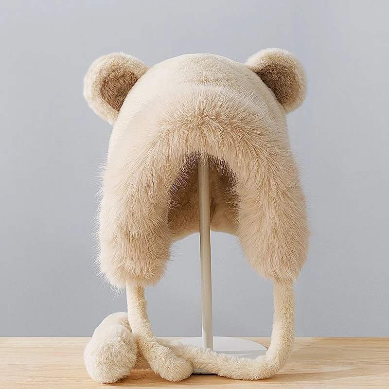 冬天毛绒帽子女新款可爱秋冬季小熊加绒帽 防风/尘保暖面罩