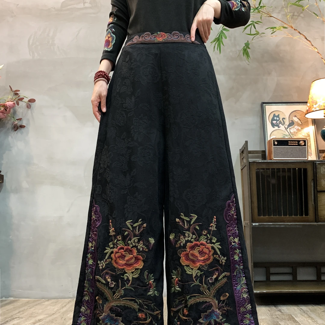 盎然花艺秋冬新款重工刺绣休闲裤3709