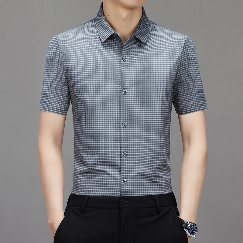 夏季薄商务休闲半袖衬衣时尚百搭男士高档衬衫无痕小格子短袖衬衫