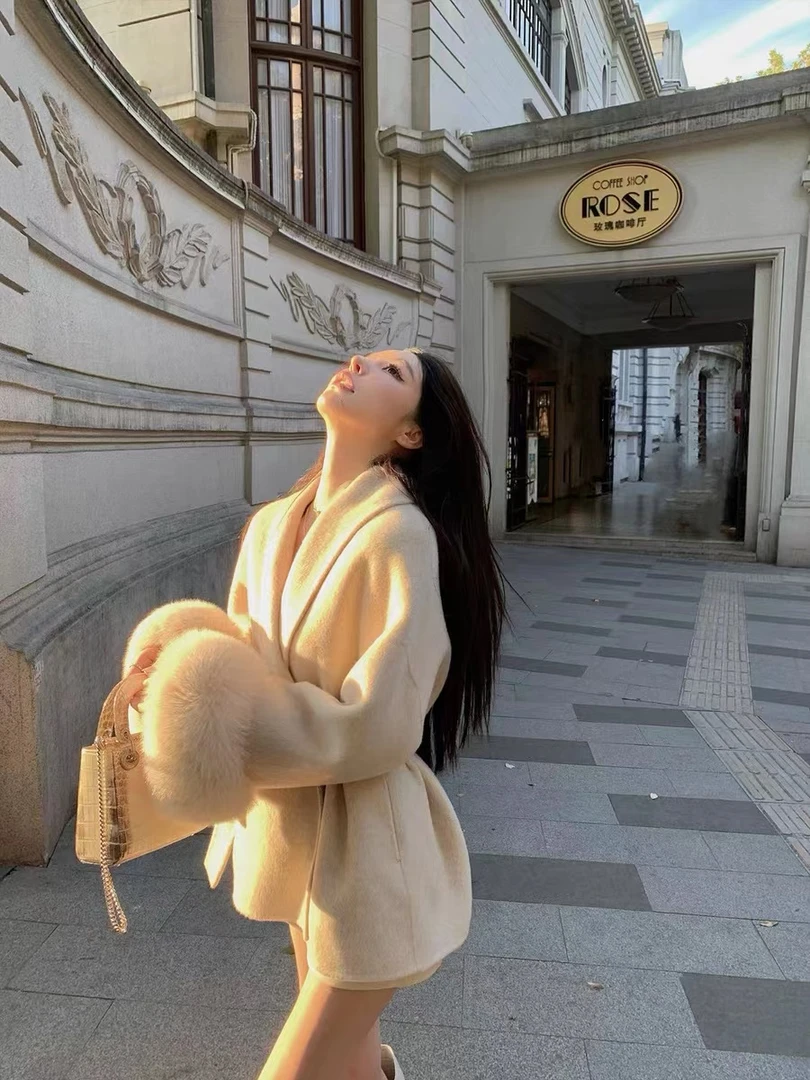 梦梦 MENGMENG｛清冷美学 秋冬新款纯欲气质袖口可拆双面呢外套}