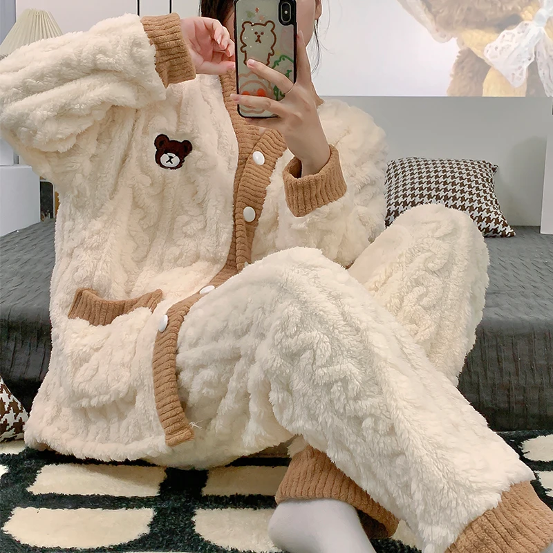 秋冬季孕妇家居服加绒保暖喂奶睡衣产后坐月子哺乳睡衣女套装