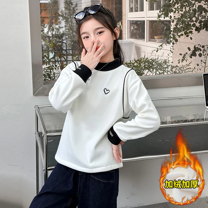 女童加绒T恤秋冬装女大童韩版洋气半高领保暖上衣初中生打底衫潮