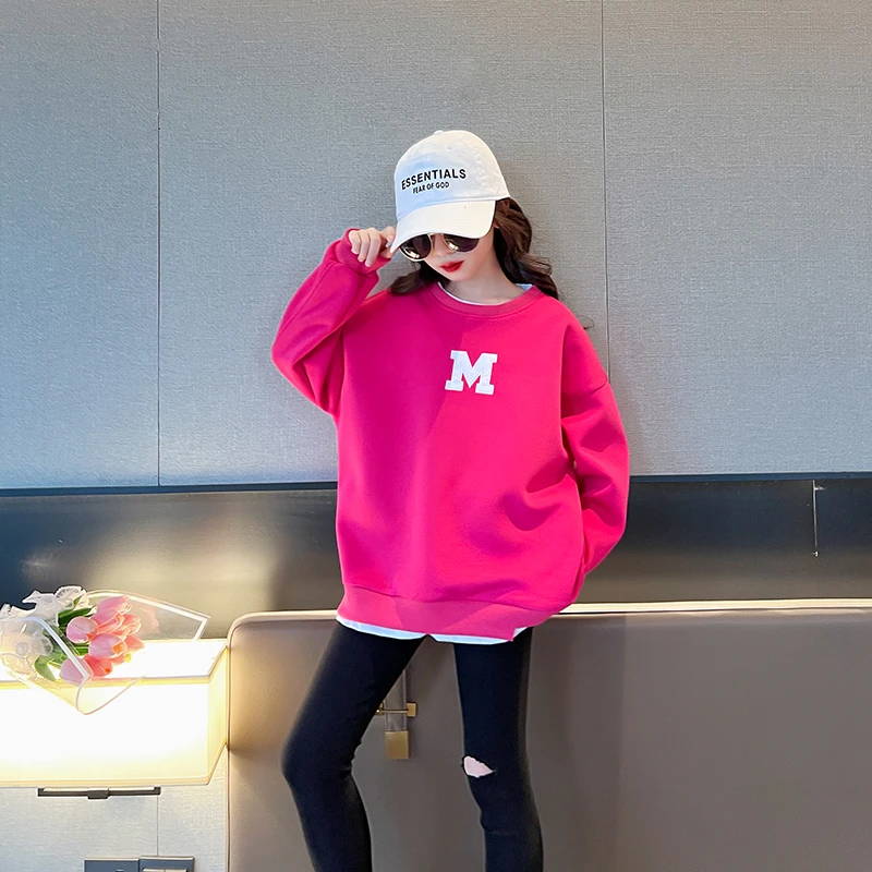 女童春秋款长袖卫衣女孩中大童洋气打底衫上衣服休闲宽松假两件潮