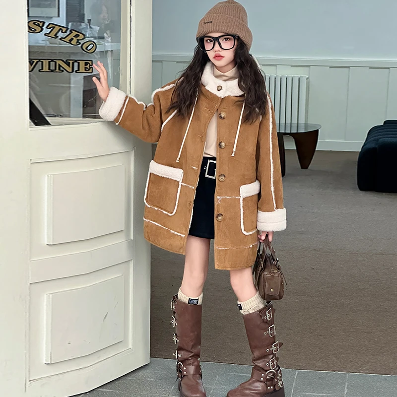 女童外套秋冬款2024新款女大童加绒加厚冬季衣服儿童皮毛一体大衣