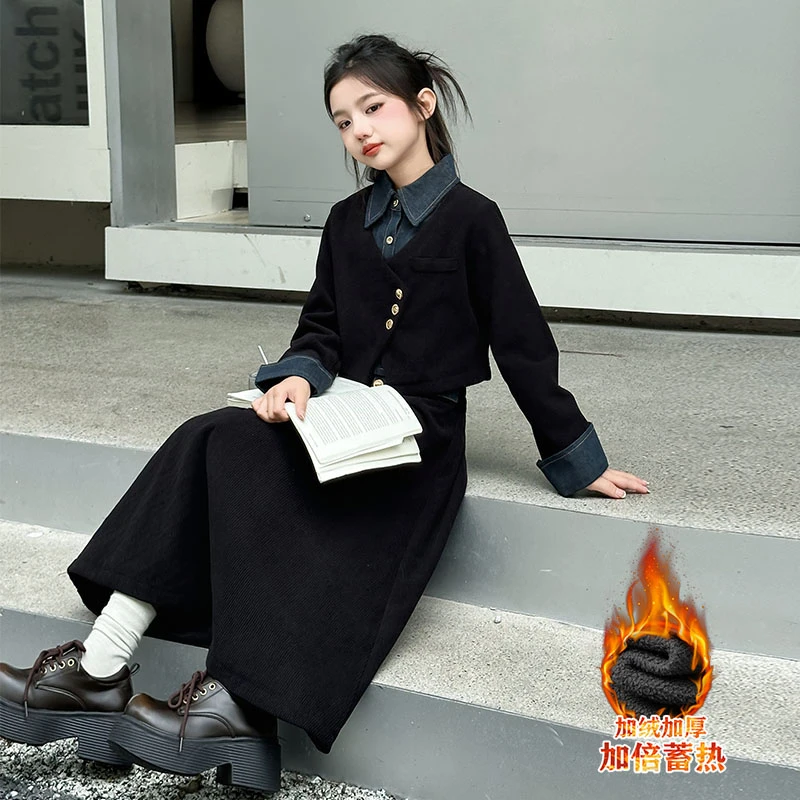 女童加绒加厚连衣裙春秋款2025新款大童牛仔假两件套装儿童半身裙