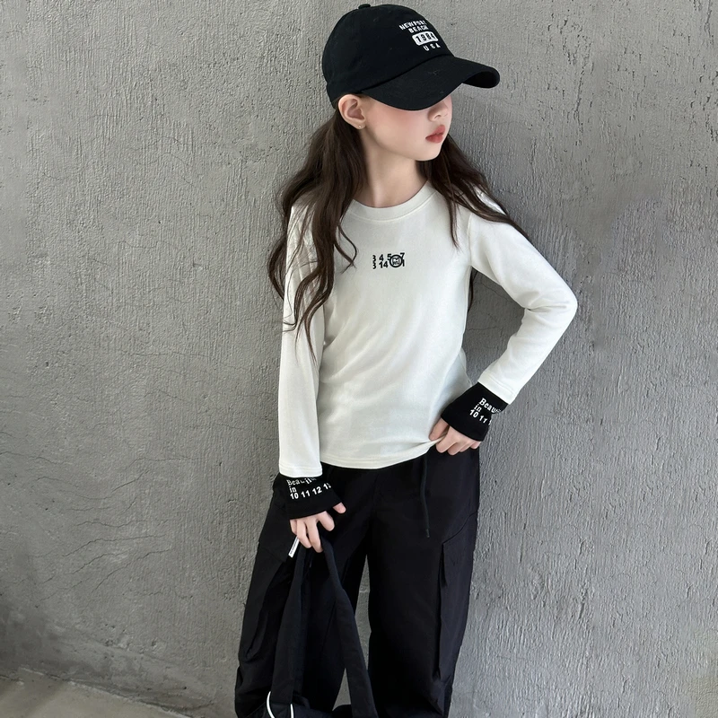 女童白色打底衫秋装儿童时髦拼接长袖t恤中大童秋冬内搭上衣修身