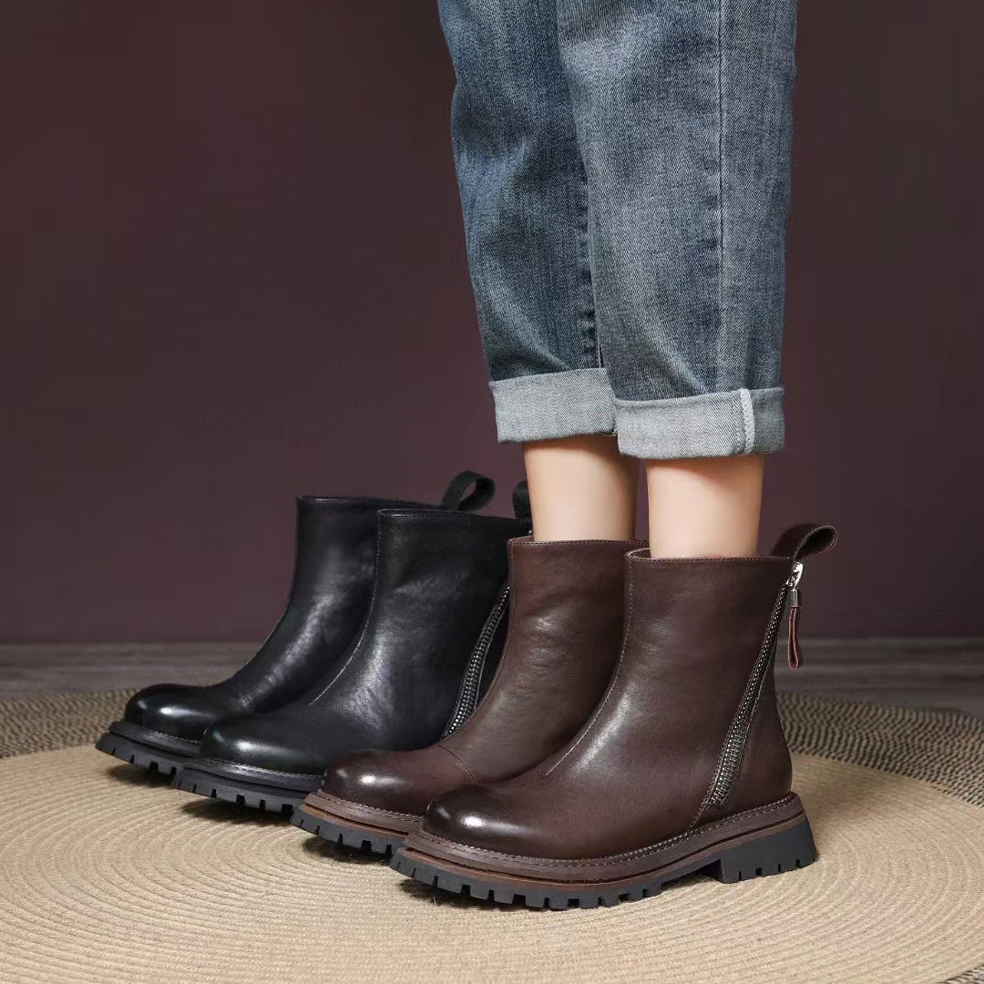 真皮复古双拉链休闲女靴头层牛皮中跟马丁靴中筒靴