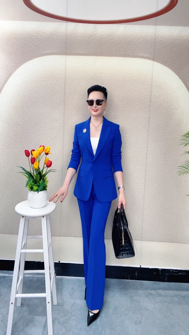 【白衣哥】宝蓝色时尚修身显瘦气质款裤腿裤休闲百搭女神洋气