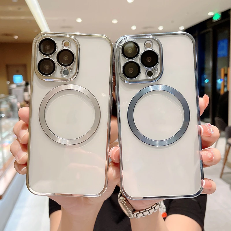 简约自带镜头膜适用苹果13手机壳iphone12电镀磁吸透明防摔保护壳