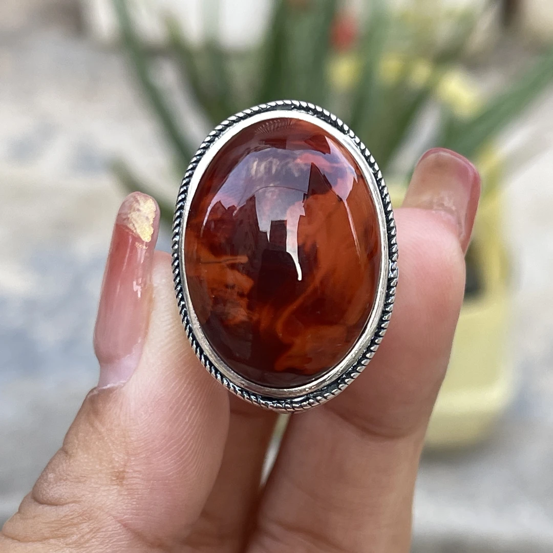 收藏级 南红玛瑙瓦西牛血红妖花火焰纹男戒 颜色红润 s925银镶嵌