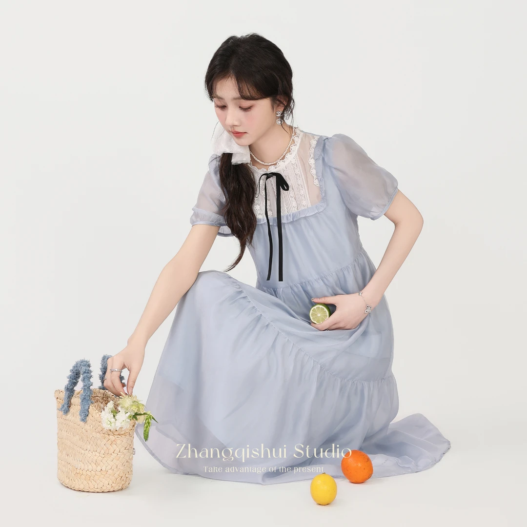 张汽水 法式系带蓝色蝴蝶结连衣裙女宽松甜美短袖蛋糕裙子NZ07906