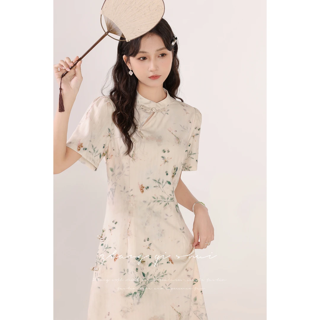 【XIN直播间】夏季印花新中式国风改良旗袍杏色高腰显瘦气质连衣裙