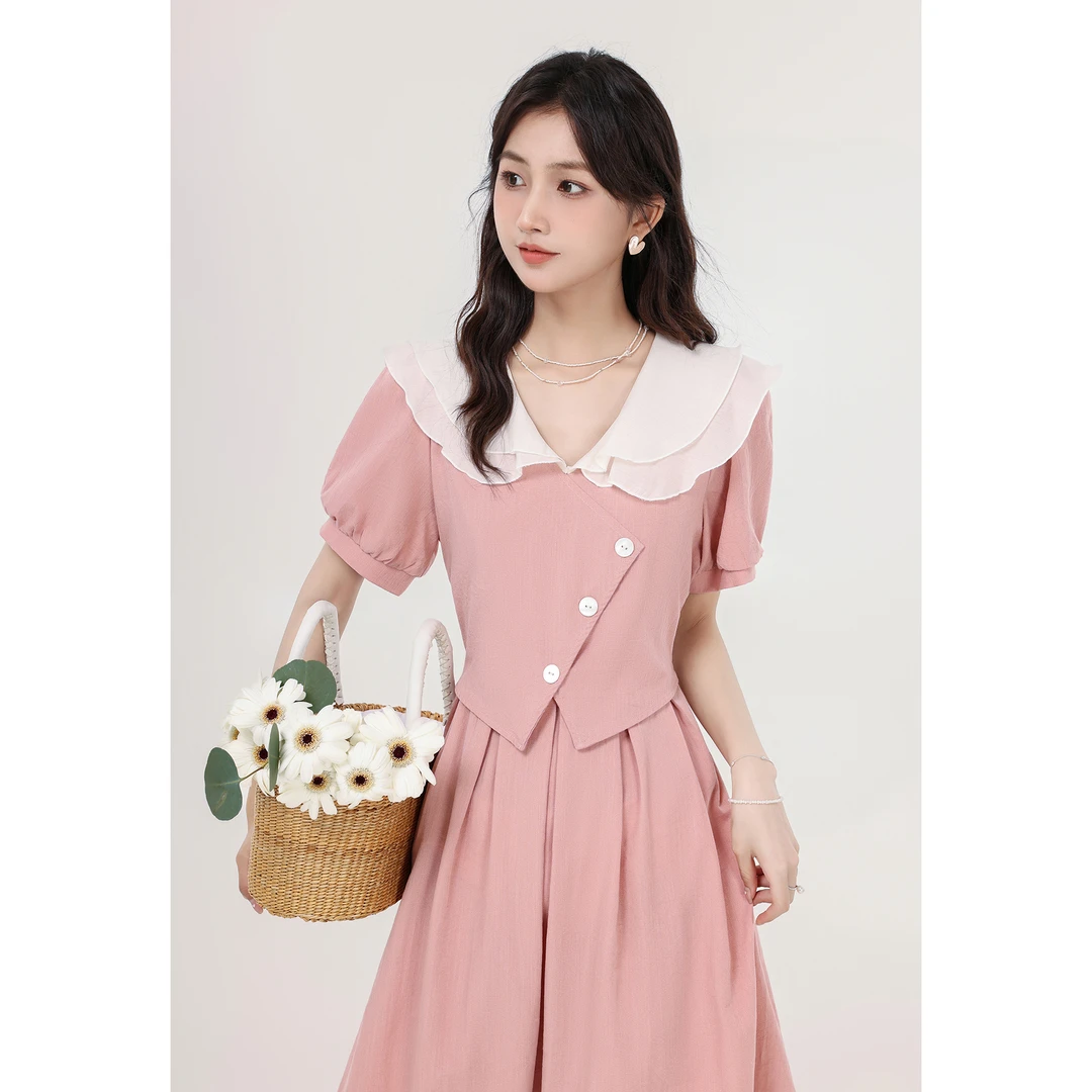 【XIN直播间】夏季新款女《糖心甜晨》粉色不规则设计感显瘦连衣裙子