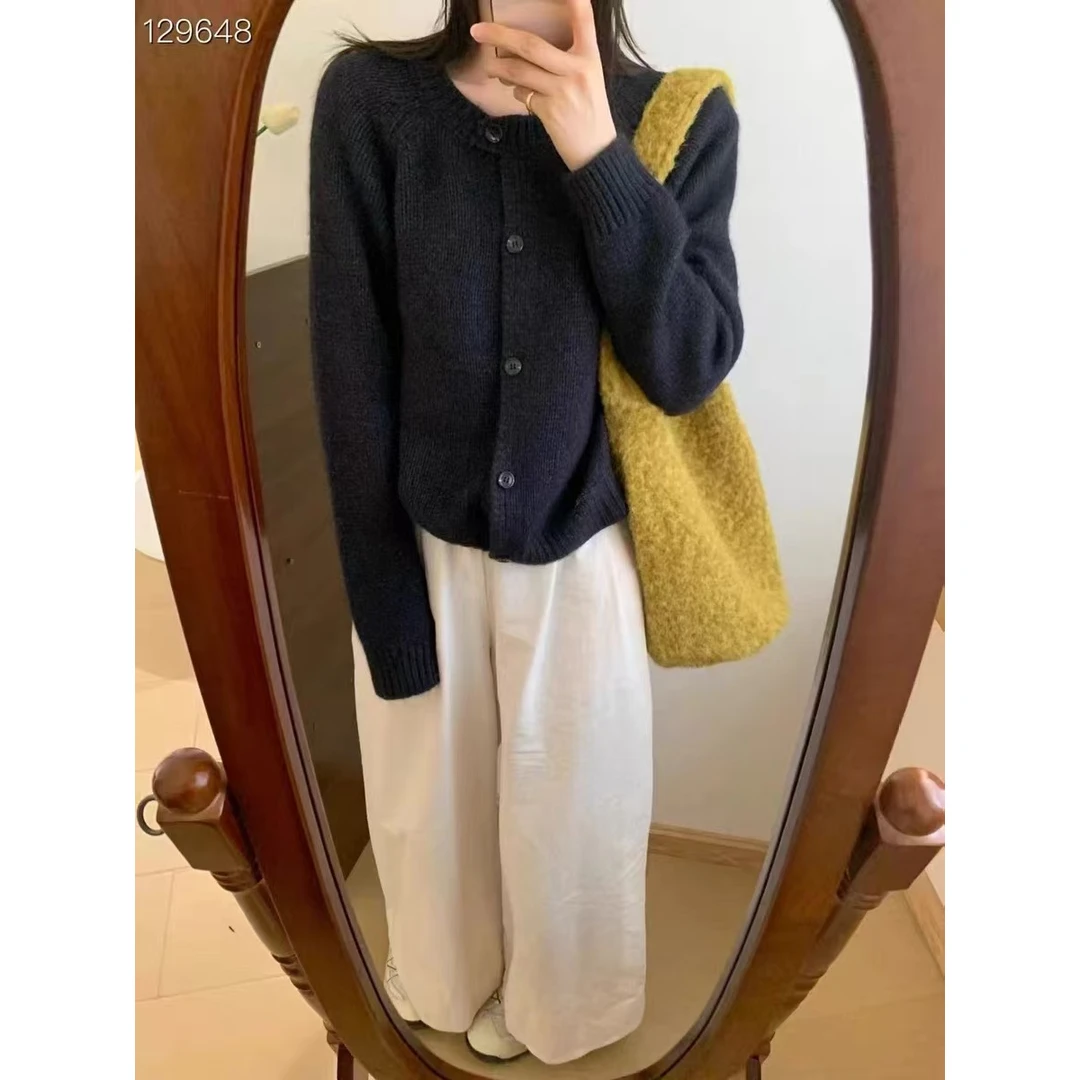 /深麻灰鸟木开衫/圆领单排扣短款显瘦纯色开衫毛衣女93655