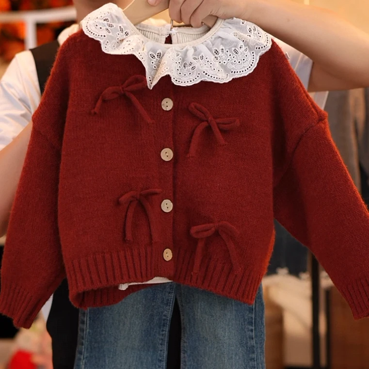 儿童长袖针织毛衣外套上衣童装春秋毛衣洋气外套百搭红色宽松