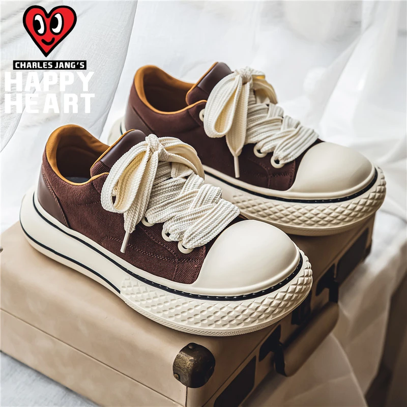 查尔斯桃心2024夏季新款运动休闲帆布鞋百搭透气厚底防滑潮鞋男鞋