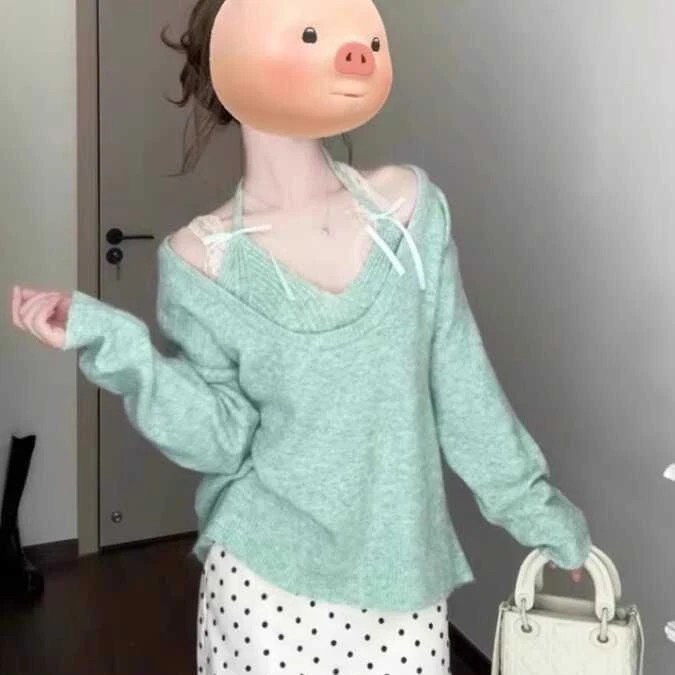 纯欲叠穿露肩长袖针织毛衣吊带韩系早秋薄荷曼波绿圆领软糯两件套