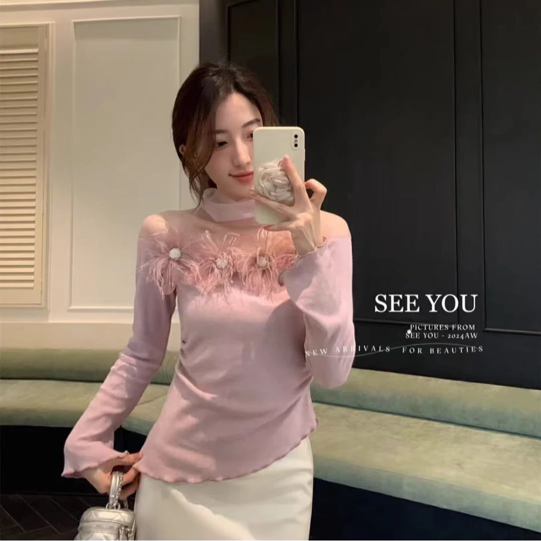 280＃不规则网纱堆堆领针织打底内搭上衣