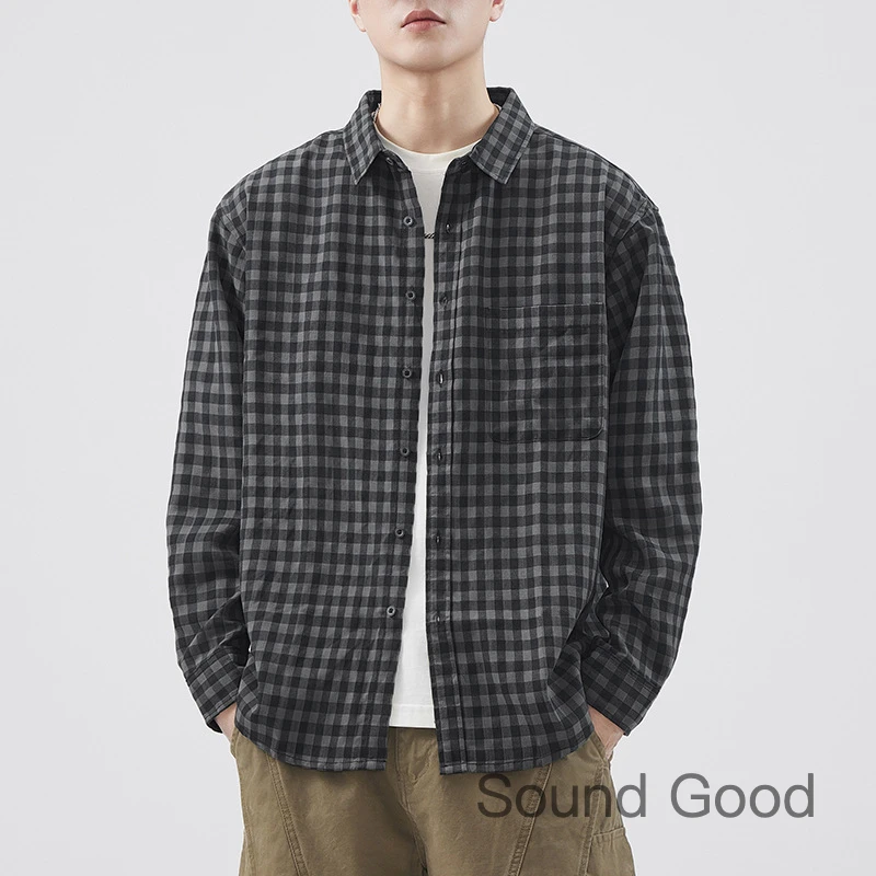 高级感高密度色织格子衬衫男秋季新款微宽松休闲百搭工装衬衣