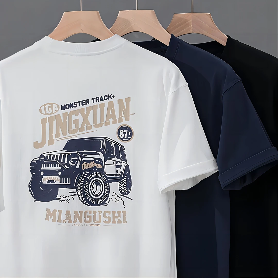 320g美式复古重磅粗犷牧马人印花纯棉T恤男潮牌宽松圆领个性短袖