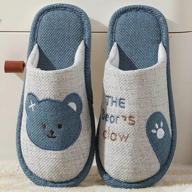 卡通熊爪棉麻布底拖鞋男春夏秋冬四季防滑室内地板静音透气无异味