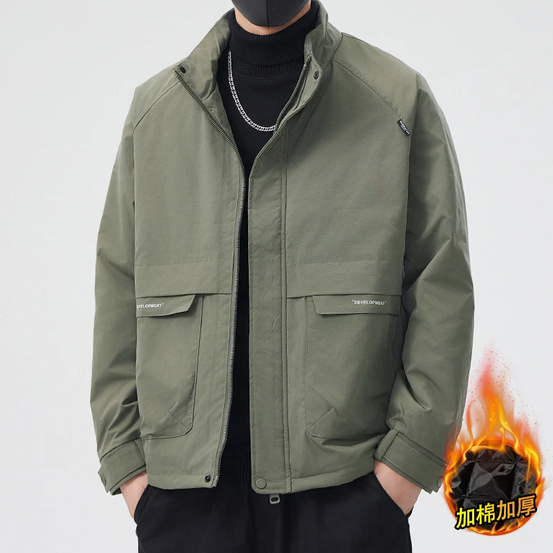 秋冬男装新款工装纯色立领夹克外套青年潮流防风休闲夹棉保暖上衣
