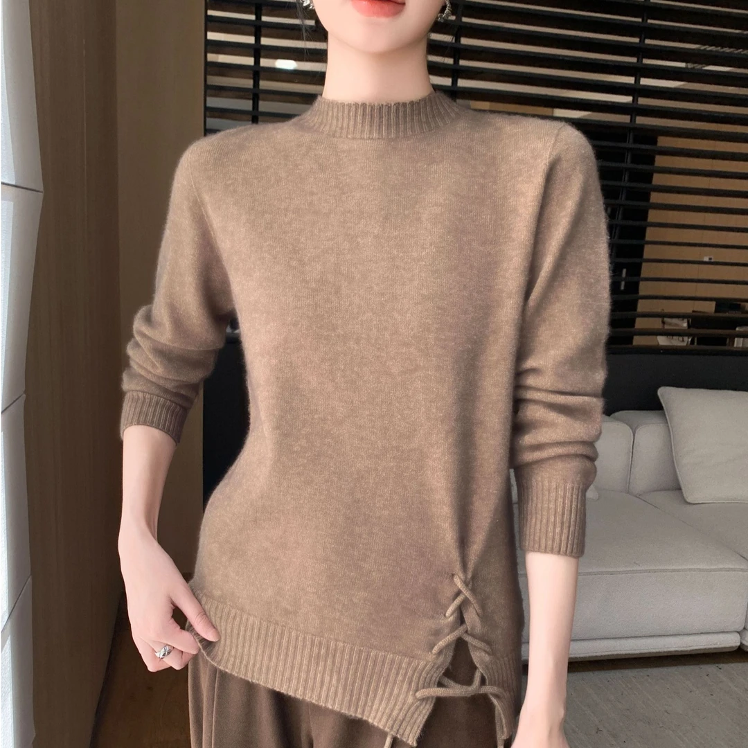 鄂尔多斯市100羊绒女款新圆领宽松针织毛衣秋冬时尚内搭打底秋冬