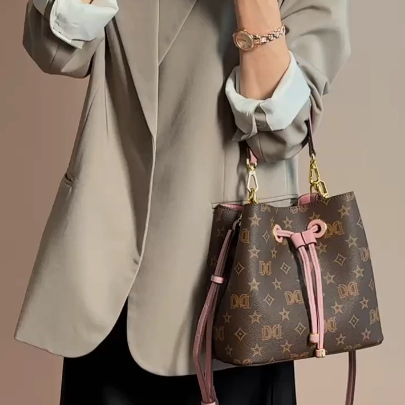 [爆款]达芙妮Daphne印花子母包单肩斜挎水桶包10278咖色/粉色