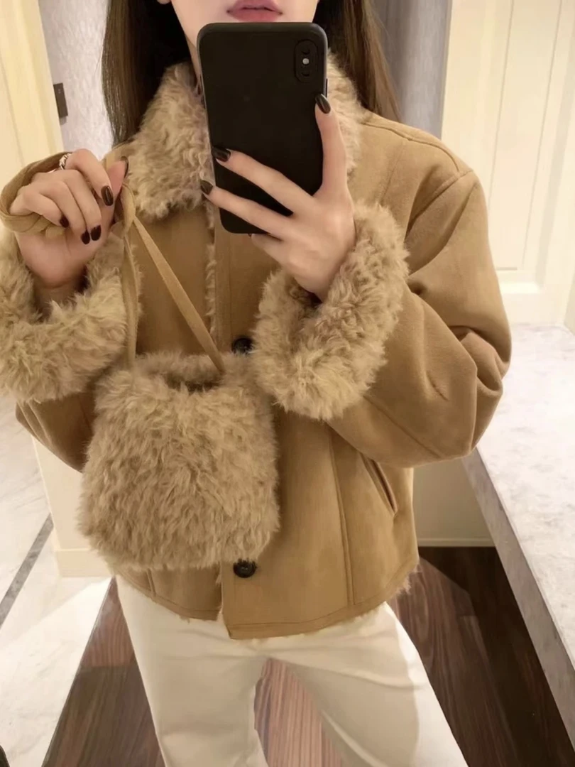 韩代爆款 2024冬季新款毛绒绒外套短款翻领外套 送毛毛包~