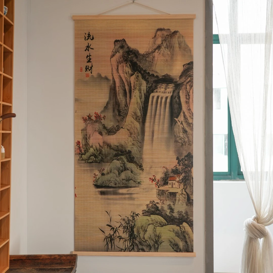 通用茶席挂画竹帘流水生财装饰画客厅玄关茶室搭配画复古中式