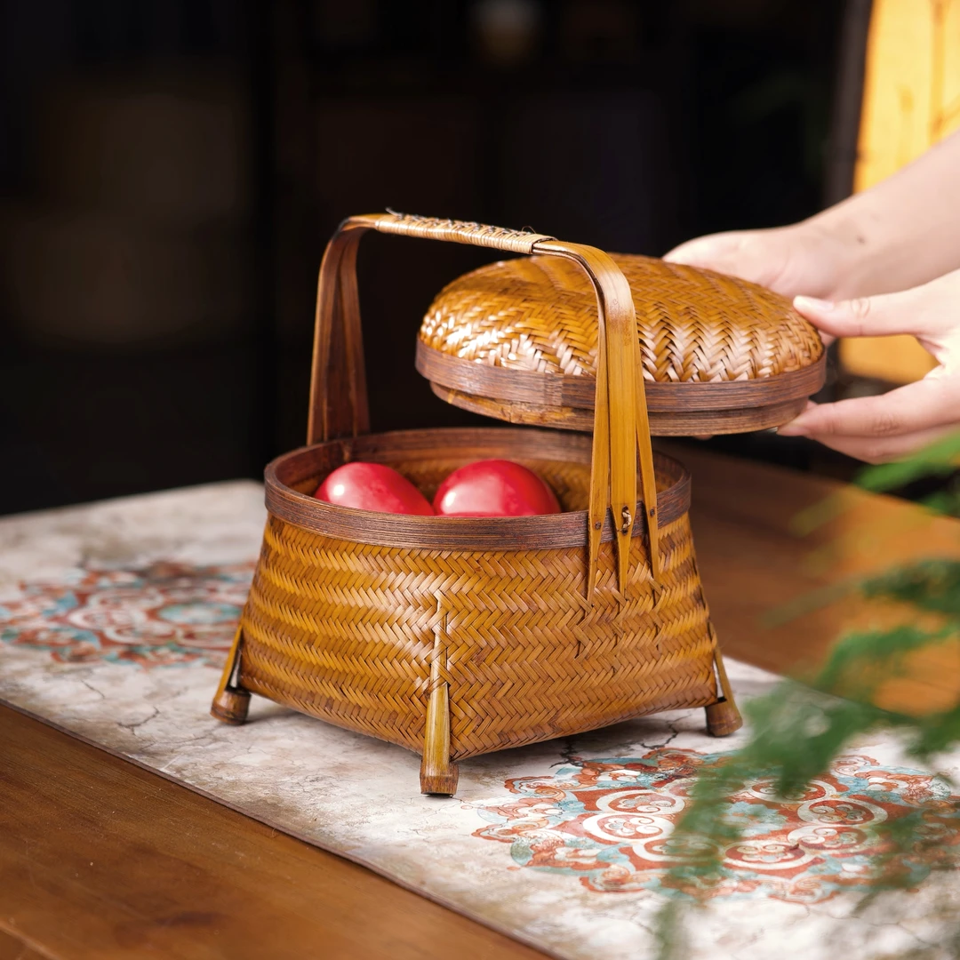 新款大漆带盖竹编筐提篮竹篮食盒可拎做旧茶室收纳筐家用禅意