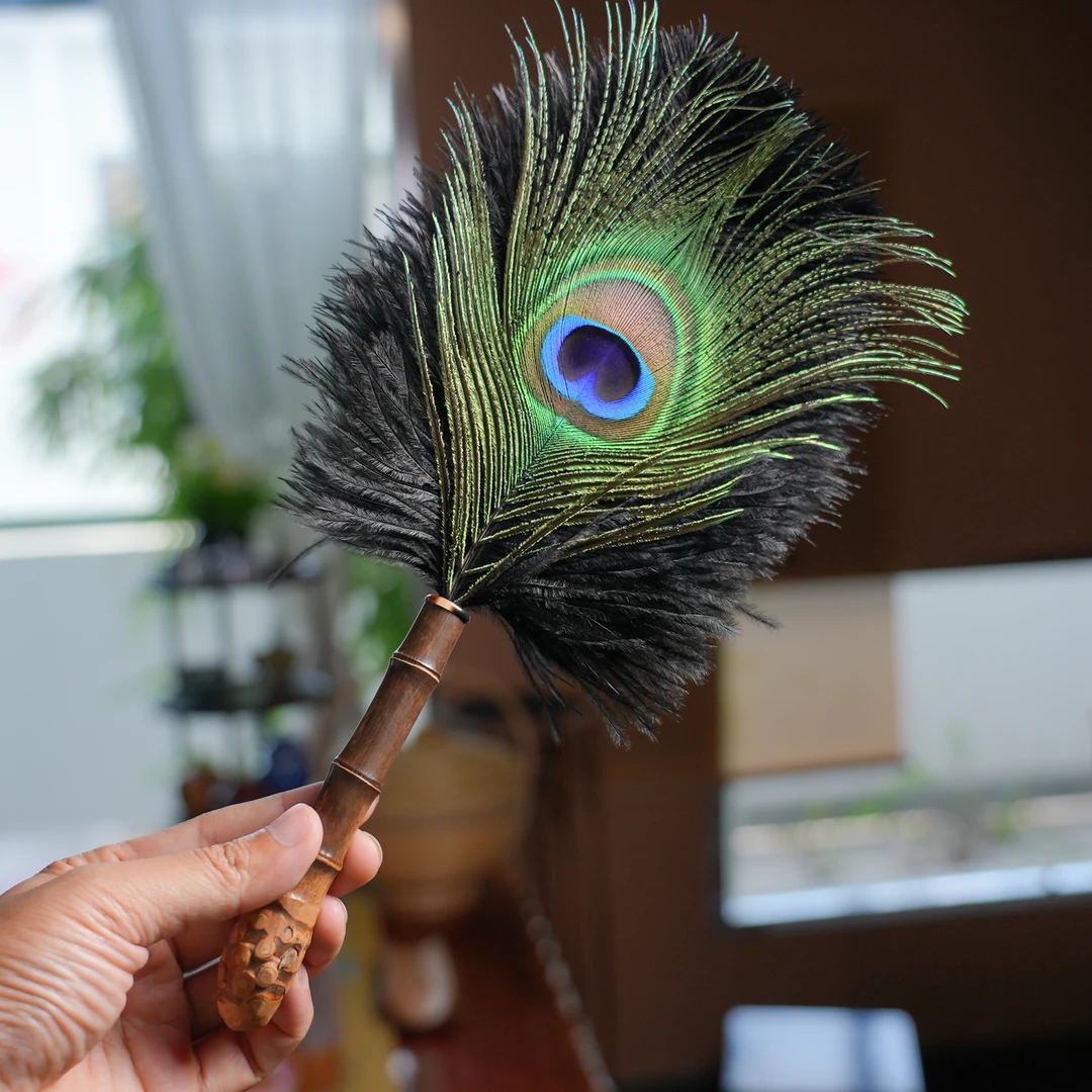 孔雀翎鸵鸟羽毛静电除尘掸紫竹根茶室桌面扫灰清洁拂尘