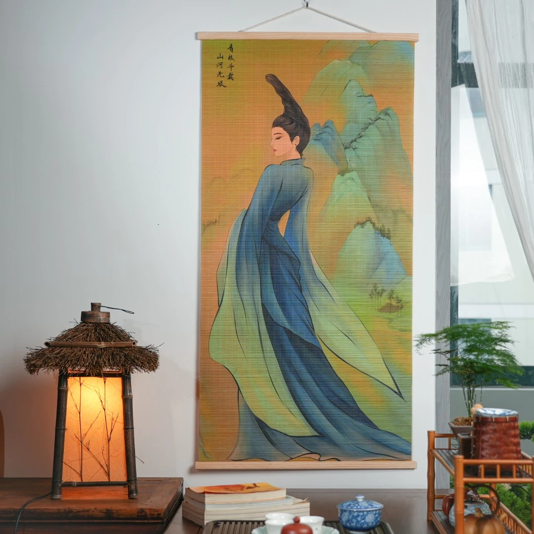 竹席挂帘挂画只此青绿古典挂画家居搭配人物挂帘茶室搭配