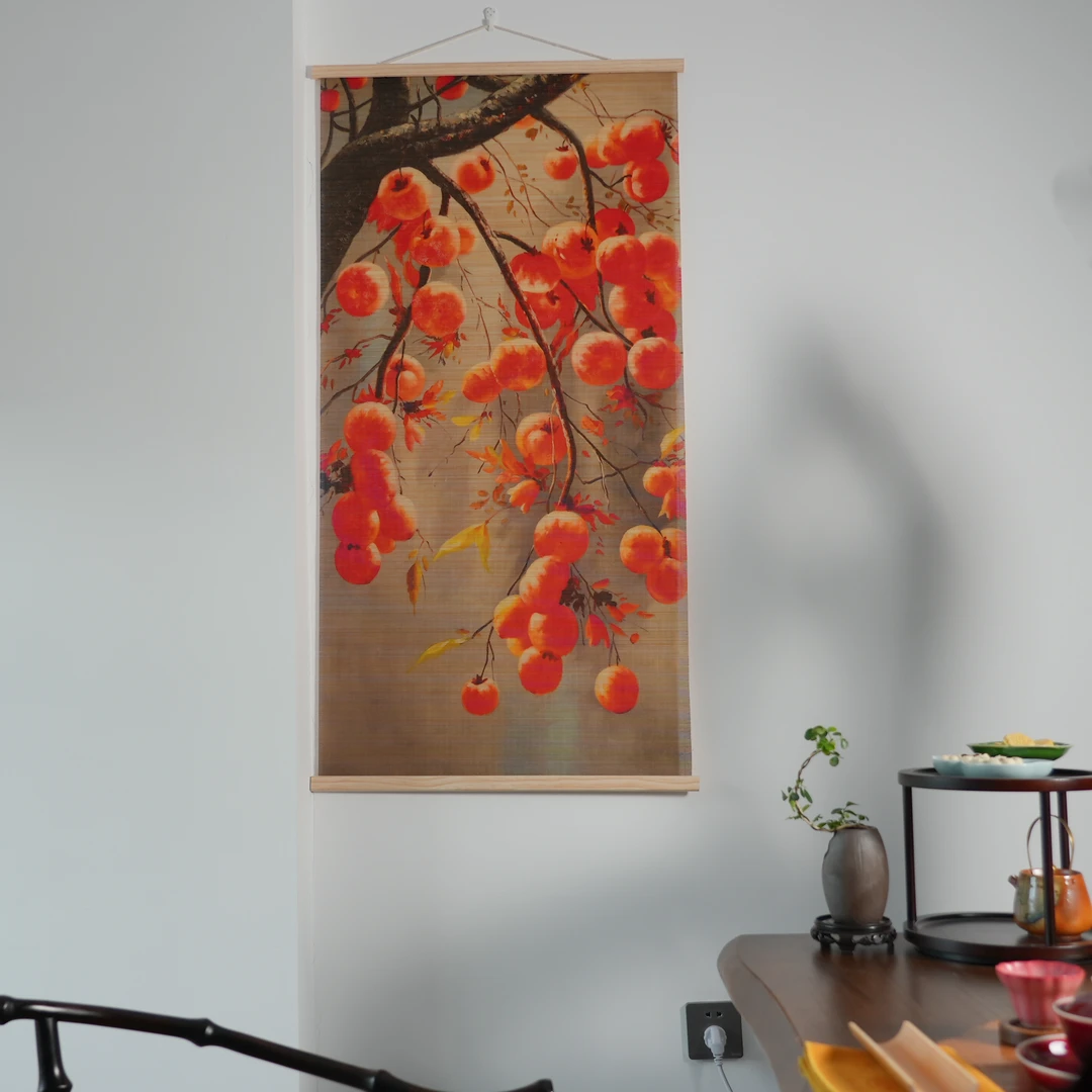 精品竹丝事事如意挂画竹挂帘茶室装饰画客厅玄关画柿子挂画