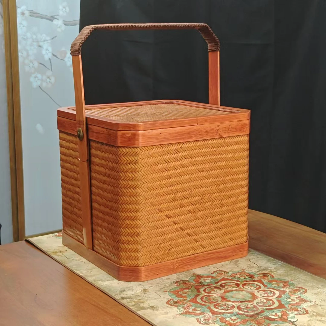 精品大漆竹编正方形食盒中式仿古茶道水果点心收纳盒手提篮带盖