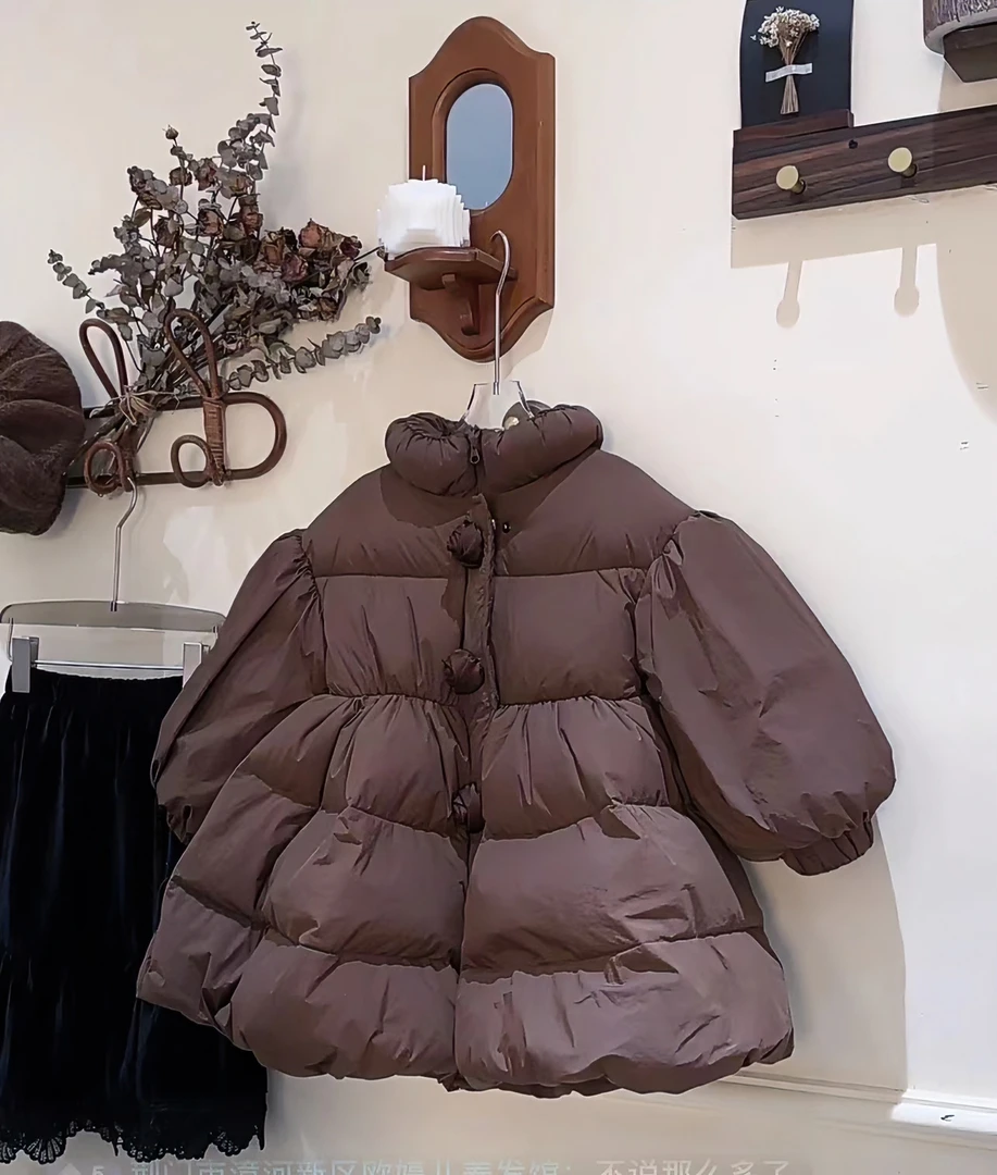 【BA黎】2023秋冬女童新款韩版洋气花边白鸭绒纯色保暖面包羽绒服