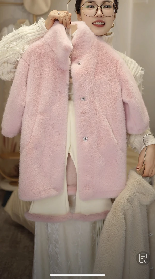 【BL-】2023冬季新款女童韩版时髦西柚粉-皮毛一体毛绒加厚大衣