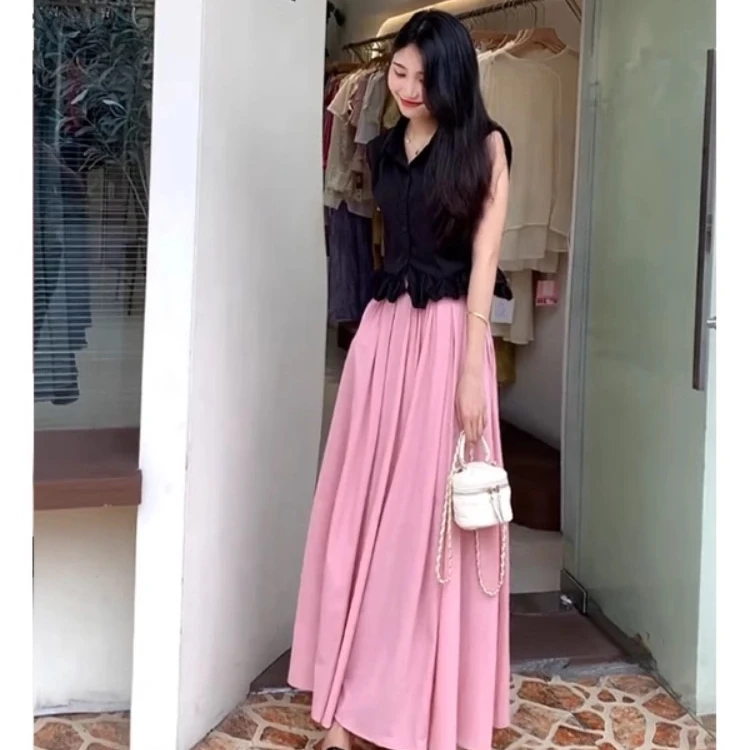 小个子夏季新款甜美无袖衬衫褶皱设计感粉丝半身裙两件套裙