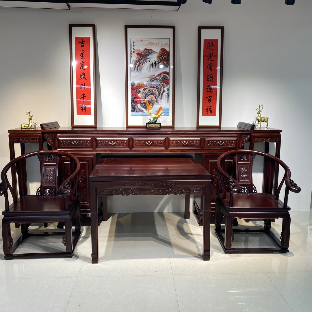 新中式中堂六件套实木条案供桌香案农村堂屋家用八仙桌雕花神台