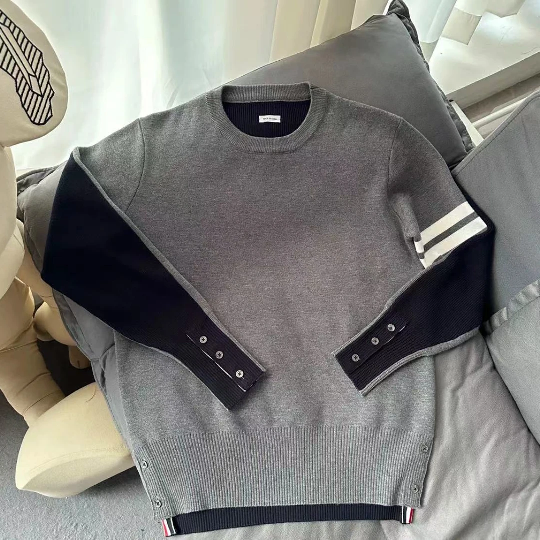 到手四杠 经典四条拼色圆领混纺针织毛衣套头衫男女同款ZNZB001