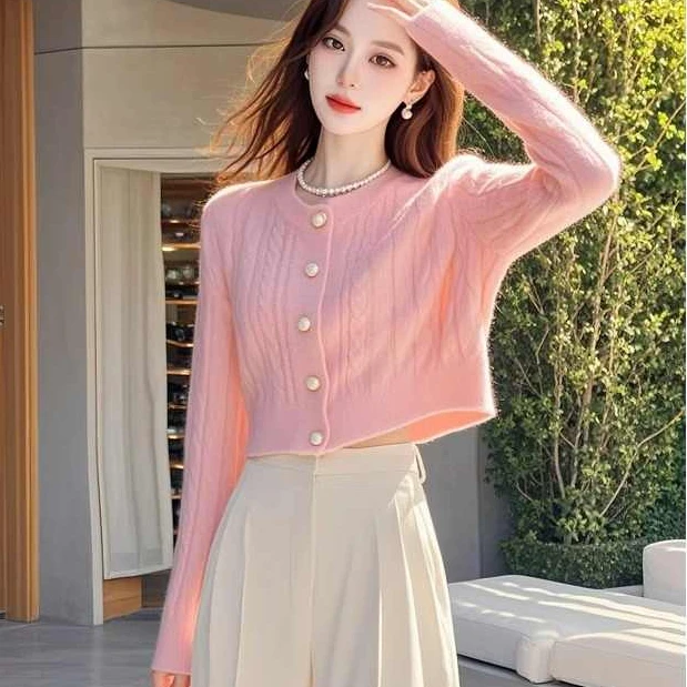 粉色短款针织衫毛衣女圆领开衫洋气上衣显瘦气质百搭韩版长袖针织