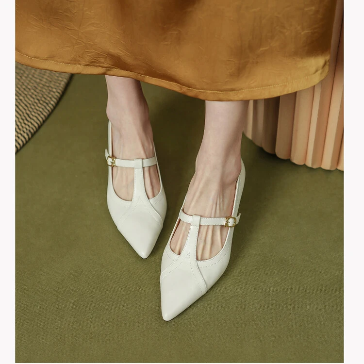 高级定制5cm真皮高跟鞋尖头法式复古羊皮女鞋搭扣气质百搭单鞋