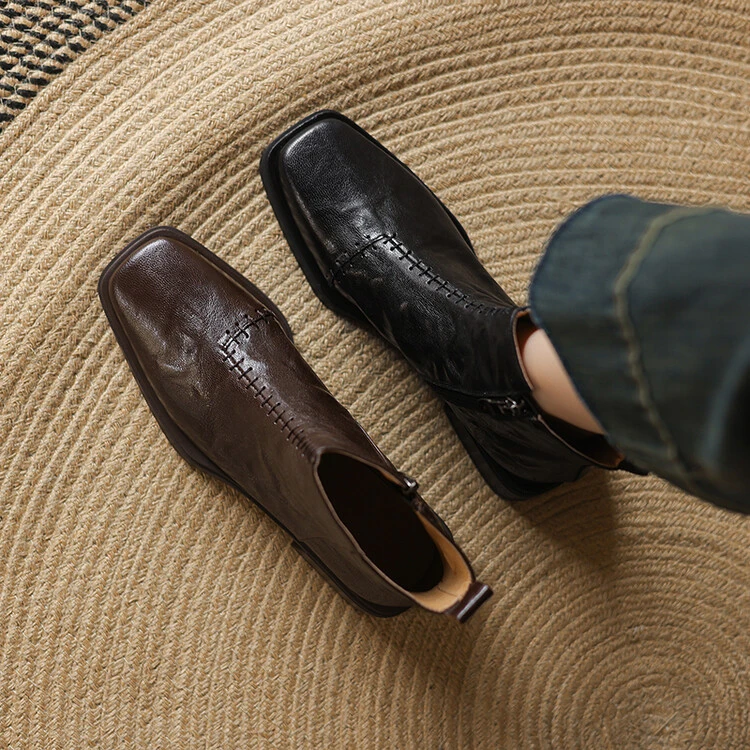 手工女鞋优雅高级感棕色真皮拼接短靴女英伦风4CM秋冬季新款百搭