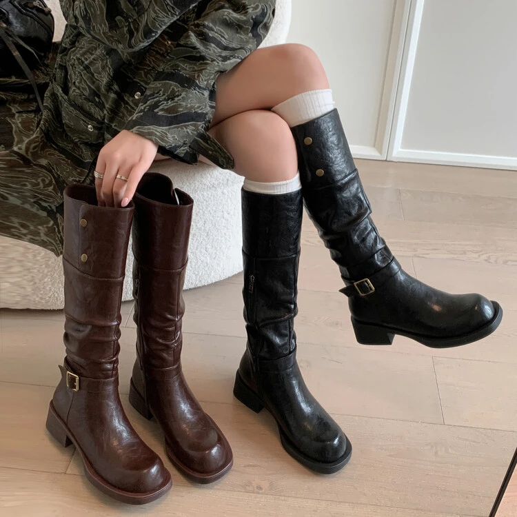 高定高筒骑士靴不过膝小个子厚底增高真皮方头时尚机车靴女长靴子