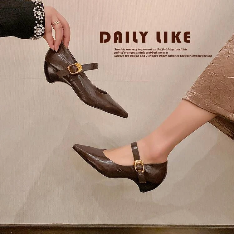 羊皮/跟4CM/尖头中高跟一字带气质女人轻奢小众玛丽珍单鞋女