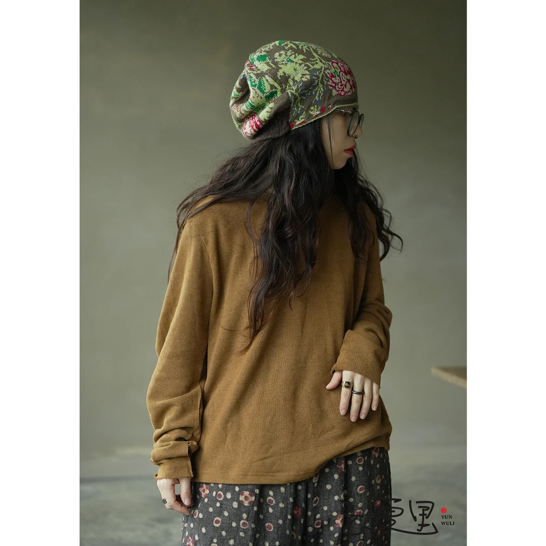 云雾里 原创设计复古文艺松弛感柔软舒适柔软圆机针织长袖T 3151