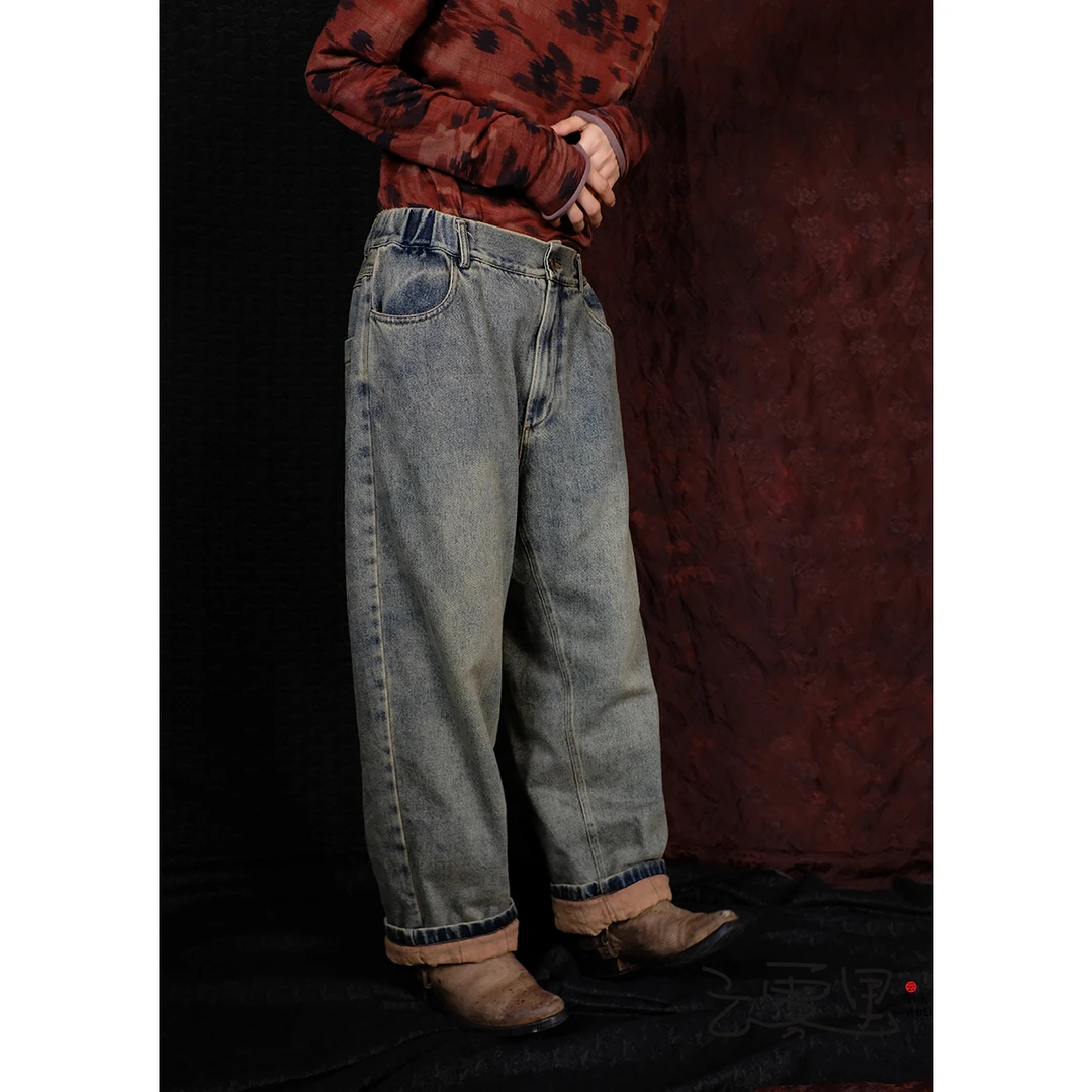 云雾里 原创设计复古文艺做旧双层牛仔棉裤 1073