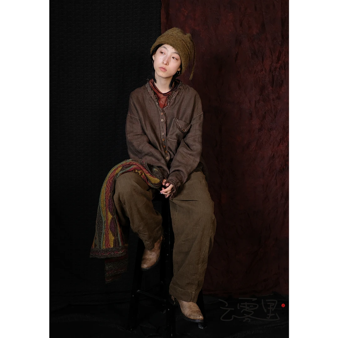 云雾里 原创设计复古休闲大口袋植物染休闲裤1128